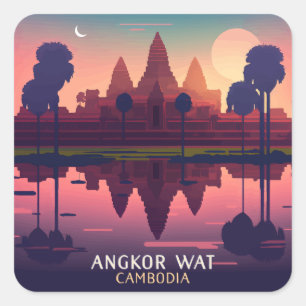 Angkor Wat Sunrise Cambodia Siem Reap Retro Quadratischer Aufkleber