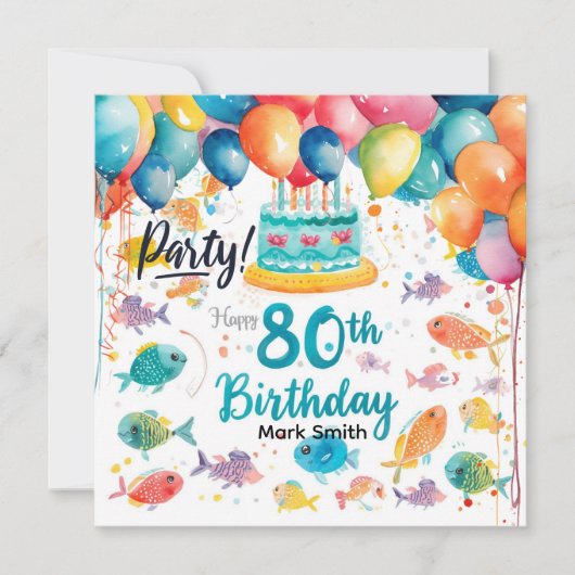 Angler zum 80. Geburtstag Wasserfarben  Einladung (Vorderseite)