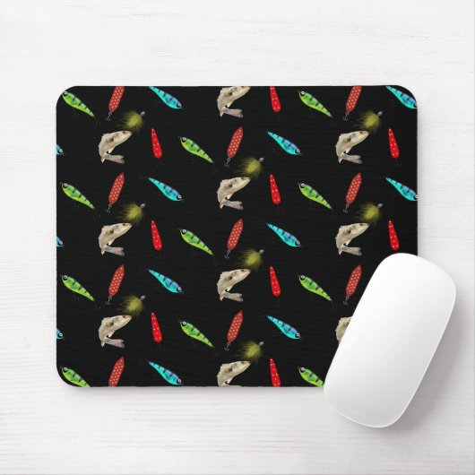 Anglerköder mit Fisch auf Schwarz Mousepad (Mit Mouse)