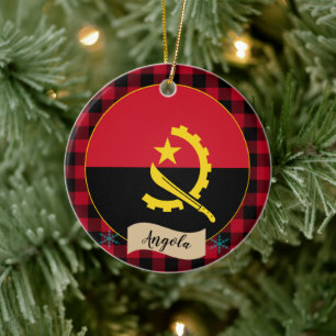 Angola, karierte rote Büffel und angolanische Flag Keramik Ornament