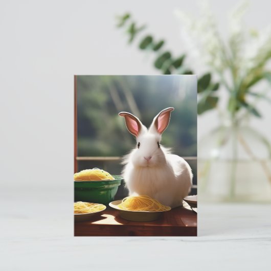 Angora-Kaninchen mit Spaghetti Postkarte (Stehend Vorderseite)