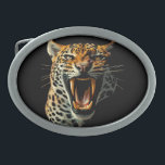 Angriffskopf von Leopard Ovale Gürtelschnalle<br><div class="desc">Fierce Powerful Leopard Roaring Attacke Portrait mit langen Reißzähnen nah. Original Vektorgrafik abgeschieden auf weißem Copyright BluedarkArt TheChameleonArt.</div>
