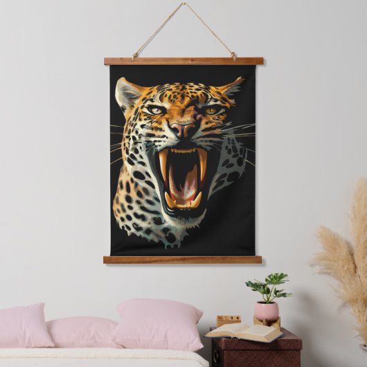 Angriffskopf von Leopard Wandteppich Mit Holzrahmen (Schlafzimmer)
