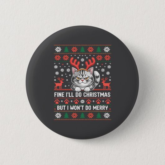 Angry Antler Cat Funny Xmas Ugly Sweater Long Slee Button (Vorderseite)