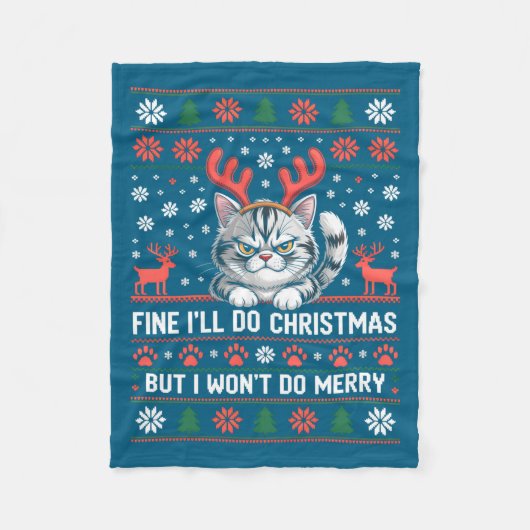 Angry Antler Cat Funny Xmas Ugly Sweater Long Slee Fleecedecke (Vorderseite)
