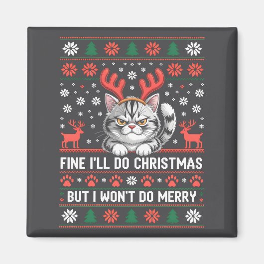 Angry Antler Cat Funny Xmas Ugly Sweater Long Slee Magnet (Vorne)