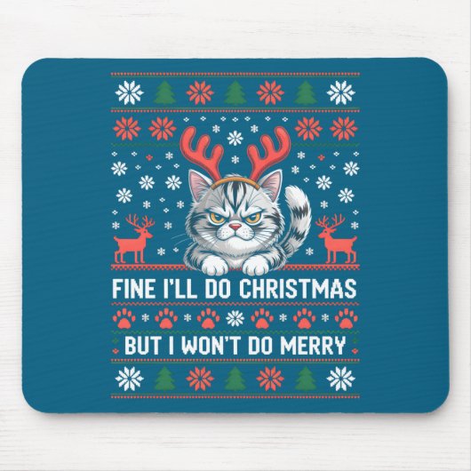 Angry Antler Cat Funny Xmas Ugly Sweater Long Slee Mousepad (Vorne)