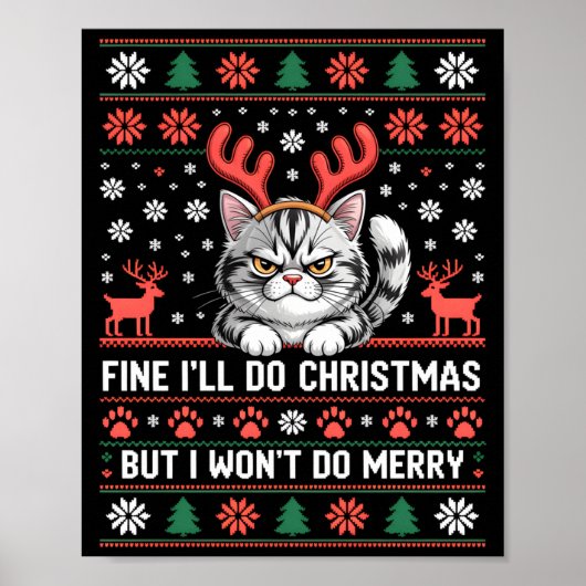 Angry Antler Cat Funny Xmas Ugly Sweater Long Slee Poster (Vorne)