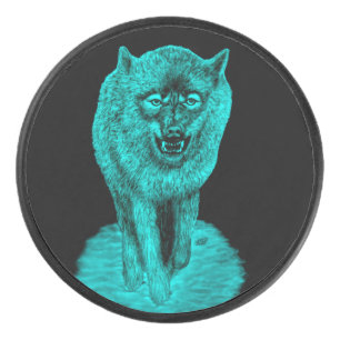 Angry Black Wolf in der Nacht Eishockey Puck
