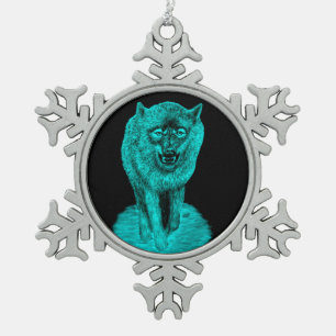 Angry Black Wolf in der Nacht Schneeflocken Zinn-Ornament