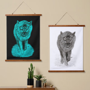 Angry Black Wolf in der Nacht Wandteppich Mit Holzrahmen