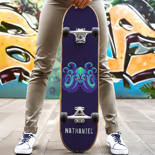 Angry Blue Kraken Octopus Personalisierter Name Skateboard