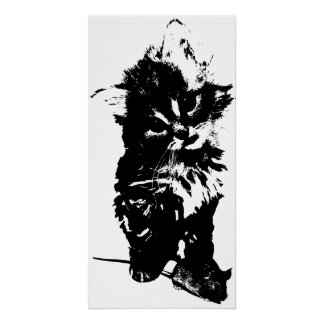 Angry Cat with Mouse Art Print | Minimalist Black Poster