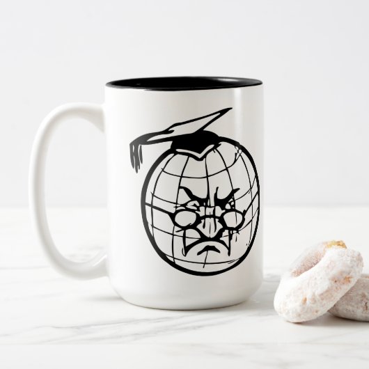 Angry Globe Mortarboard Funny Educator Zweifarbige Tasse (Mit Donut)