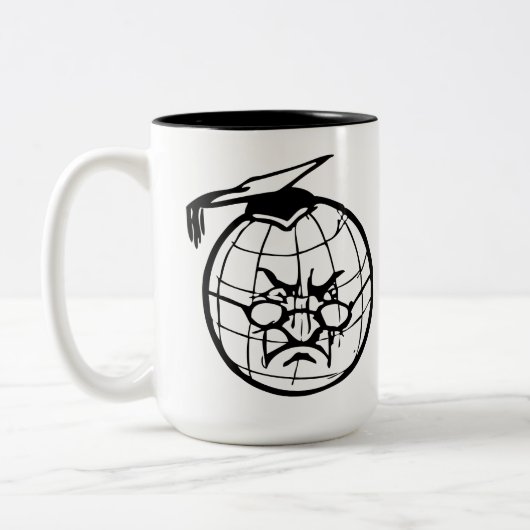 Angry Globe Mortarboard Funny Educator Zweifarbige Tasse (Links)