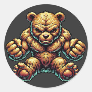 Angry Musculy Teddy Bärenmalerei Kunst Runder Aufkleber