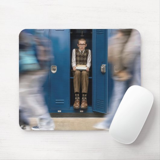 Ängstlicher Schüler versteckt sich in einem Spind Mousepad (Mit Mouse)