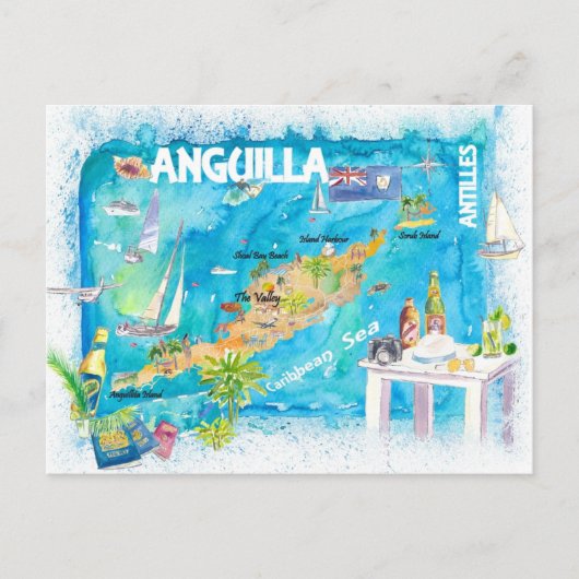 Anguilla Antilles Illustrierte Karibik Reisekarte Postkarte (Vorderseite)