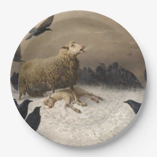 Anguisch: Schafe mit einem toten Lamm Pappteller (Vorderseite)
