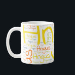 Angus Kaffeetasse<br><div class="desc">Angus. Zeigen und tragen Sie diesen beliebten schönen männlichen Vornamen, der als bunte Wortwolke aus horizontaler und vertikaler, kursiver Handschrift in verschiedenen Größen und bezaubernden frischen Farben entworfen wurde. Tragen Sie Ihren positiven amerikanischen Namen oder zeigen Sie der Welt, wen Sie Liebe oder Verehrung. Mit diesem Soft-Text-Kunstwerk zu vereinen ist...</div>