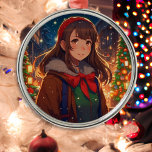 Ani-mazing Christmas | Winternacht Ornament Aus Metall<br><div class="desc">Hübsches Anime-Mädchen draußen an einem Winterabend Weihnachtsschmuck.</div>