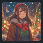 Ani-mazing Christmas | Winternacht Quadratischer Aufkleber<br><div class="desc">Hübsches Anime-Mädchen draußen auf einer Winternachtsklammer.</div>