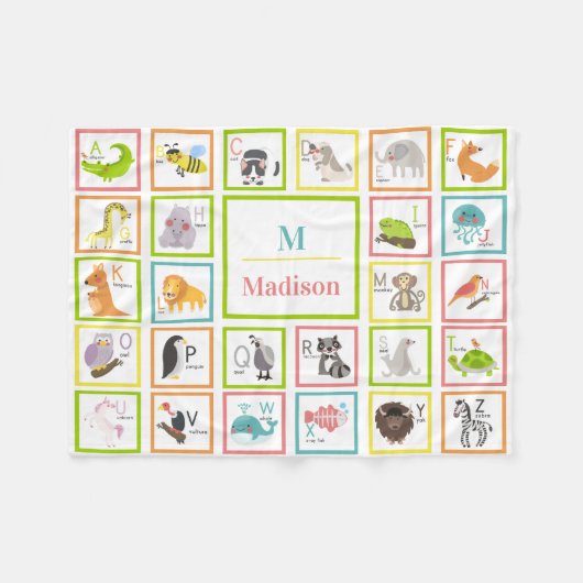 Animal Alphabet Mit Monogramm Baby Fleecedecke (Vorderseite (Horizontal))