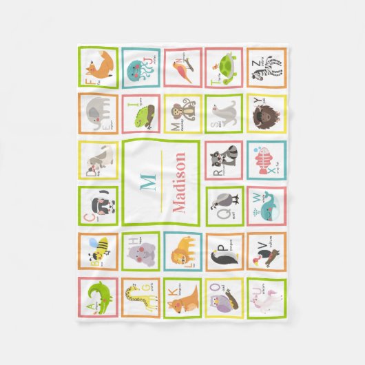 Animal Alphabet Mit Monogramm Baby Fleecedecke (Vorderseite)