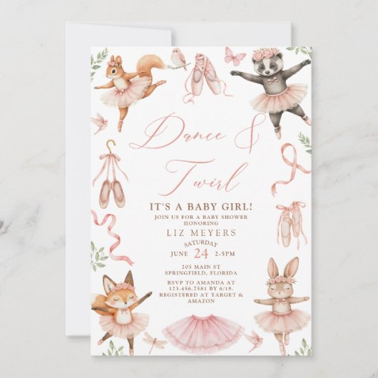 Animal Ballerinas Girl Baby Shower Einladung (Vorderseite)