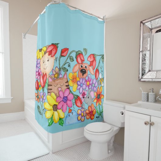 Animal Friends Among the Flowers Duschvorhang (Beispiel)