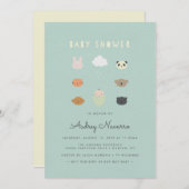 Animal Friends Baby Dusche Aquamarine Einladung (Vorne/Hinten)