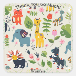 Animal Jungle Pastel Leaf Muster Vielen Dank Quadratischer Aufkleber