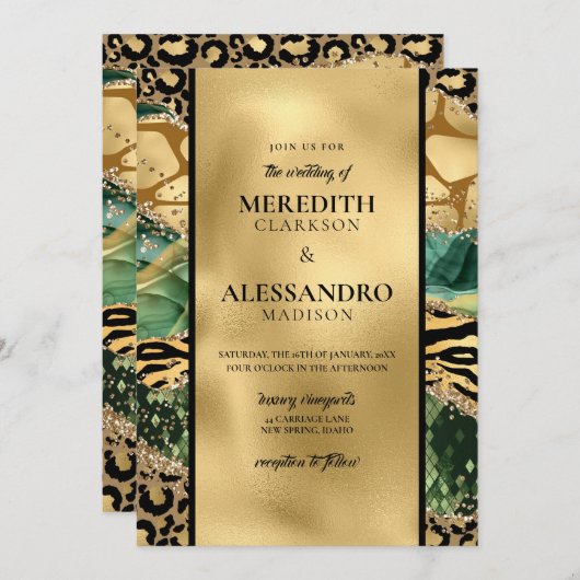 Animal Jungle Print Gold Glitzer Agate Wedding Einladung (Vorne/Hinten)