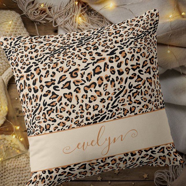 Animal Leopard Print Creme Black Tan Personalisier Kissen (Von Creator hochgeladen)