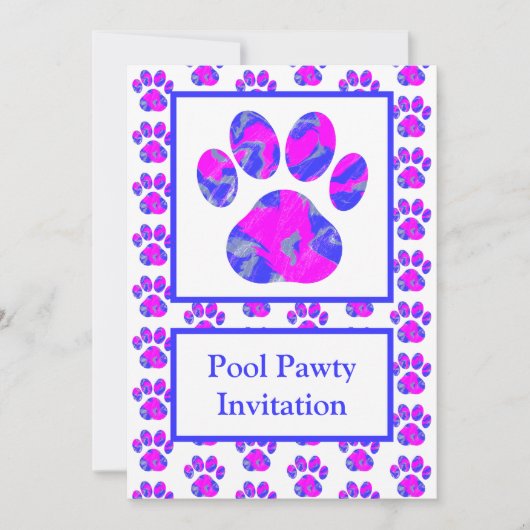 Animal Paw Pink Blue Silhouette Pool Pawty Blue Einladung (Vorderseite)