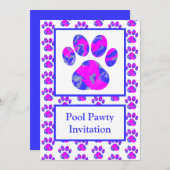 Animal Paw Pink Blue Silhouette Pool Pawty Blue Einladung (Vorne/Hinten)