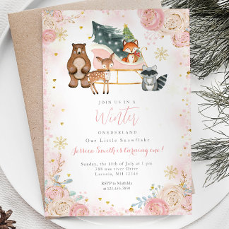 Animal Pink Winter Onederland 1. Geburtstag Einladung