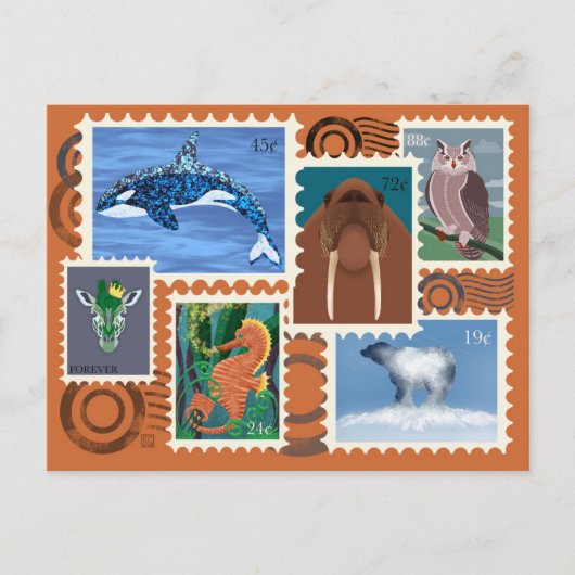 Animal Postage Stamps Postcards Feiertagspostkarte (Vorderseite)