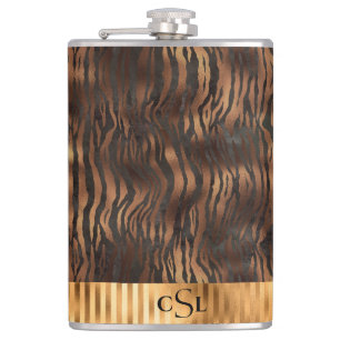 Animal Tiger Monogram Print Gold Elegant Metallic Flachmann