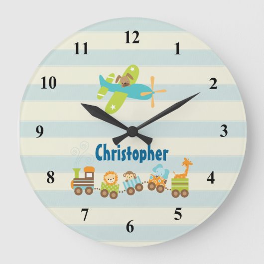 Animal Toy Train and Airplane on Stripes Große Wanduhr (Vorderseite)