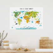 Animal World Map für Kinder Poster Spielraum Dekor (Küche)