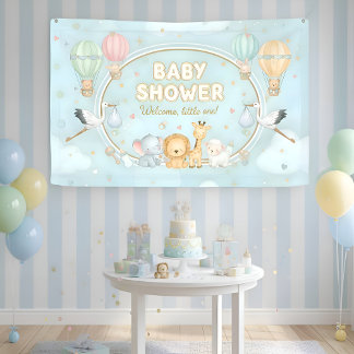 Animals Hot Air Balloons Clouds Cute Baby Shower  Banner