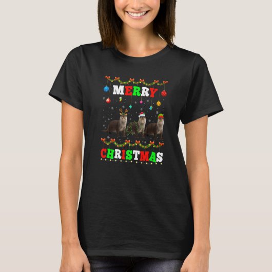 Animals Lights Merry Christmas Santa Otter T-Shirt (Vorderseite)