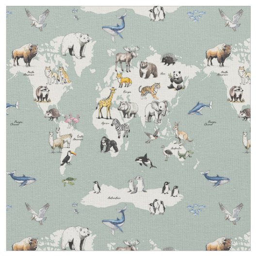 animals of the world nursery map - mint  stoff (Nahaufnahme)