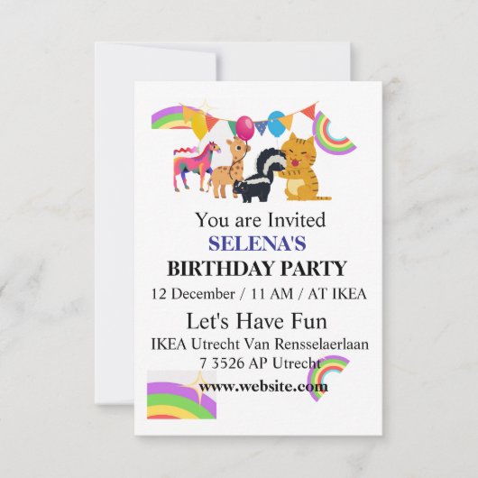 Animals & Rainbows Birthday Party Invitation Dankeskarte (Vorderseite)