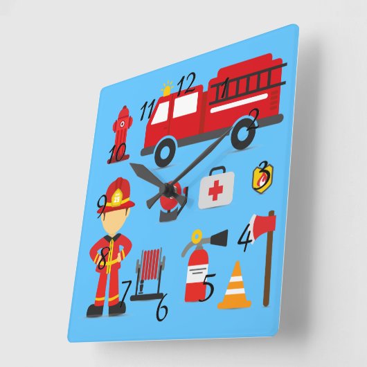Animated Fire Department Equipment Quadratische Wanduhr (Winkel)