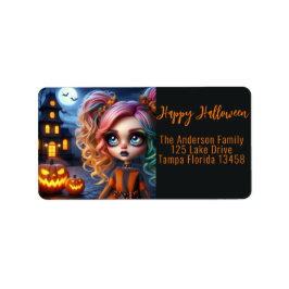Animated Girl, Spuk House and Pumpkins Adressaufkleber