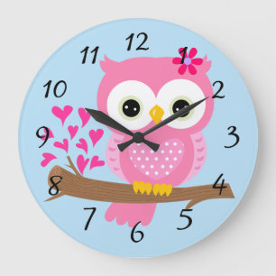 Animated Pink Owl Große Wanduhr