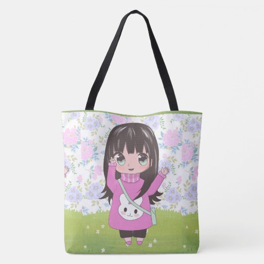 Animateurin glücklich mit Blume Tasche (Rückseite)