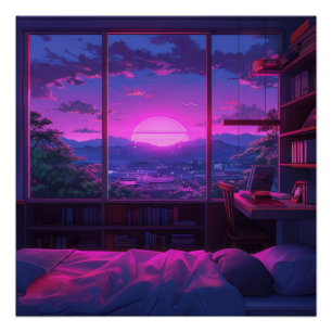 Anime-Ästhetik-Schlafzimmer-Nachtansicht-Neon-Sonn Poster